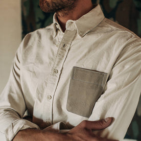 fit model wearing The Atelier and Repairs Jack in Washed White Oxford, arms crossed, Wovens by Taylor Stitch