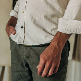 fit model wearing The Atelier and Repairs Jack in Washed White Oxford, hand at side, Wovens by Taylor Stitch