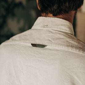 fit model wearing The Atelier and Repairs Jack in Washed White Oxford, back detail, Wovens by Taylor Stitch