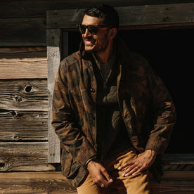 fit model wearing The Field Jacket in Camo while smiling, Outerwear by Taylor Stitch