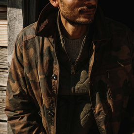 fit model wearing The Field Jacket in Camo over a vest, Outerwear by Taylor Stitch