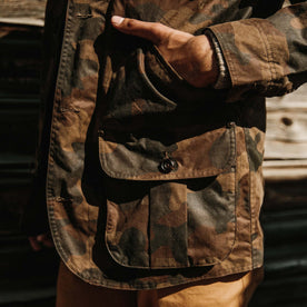 fit model with hand in pocket of The Field Jacket in Camo, Outerwear by Taylor Stitch