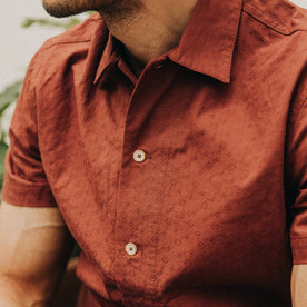 fit model wearing The Havana in Rusted Floral Jacquard, chest detail, Wovens by Taylor Stitch