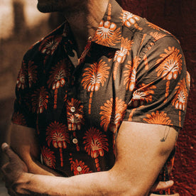 fit model wearing The Short Sleeve Hawthorne in Mirage Palm, chest shot, Wovens by Taylor Stitch