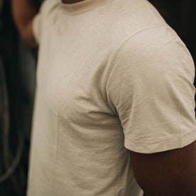 fit model wearing The Cotton Hemp Tee in Sand, Knits by Taylor Stitch