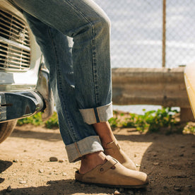 fit model showing the cuff detail on The Democratic Jean in Patch Wash Selvage, Bottoms by Taylor Stitch