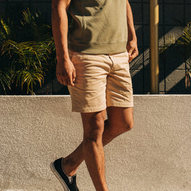 fit model wearing The Foundation Short in Khaki Twill, Bottoms by Taylor Stitch