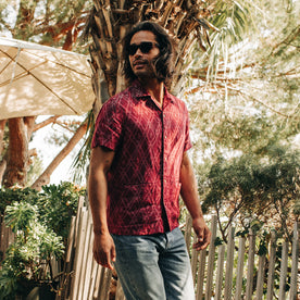 fit model wearing The Havana in Wine Ikat, Wovens by Taylor Stitch