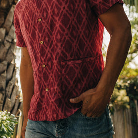 fit model with his hand in his pocket wearing The Havana in Wine Ikat, Wovens by Taylor Stitch