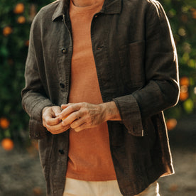 fit model walking in The Ojai Jacket in Espresso Hemp, Wovens by Taylor Stitch