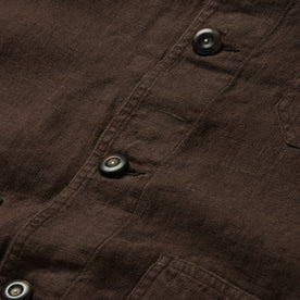 material shot of the buttons on The Ojai Jacket in Espresso Hemp, Wovens by Taylor Stitch