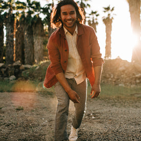 fit model walking in The Ojai Jacket in Rust Hemp, Outerwear by Taylor Stitch