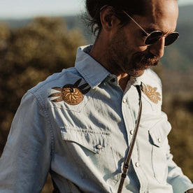 fit model wearing The Embroidered Western Shirt in Washed Selvage, Wovens by Taylor Stitch