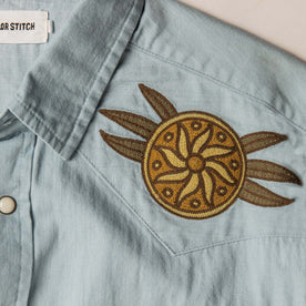 material shot of the embroidered yokes on The Embroidered Western Shirt in Washed Selvage, Wovens by Taylor Stitch