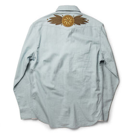 flatlay of The Embroidered Western Shirt in Washed Selvage, shown from the back, Wovens by Taylor Stitch