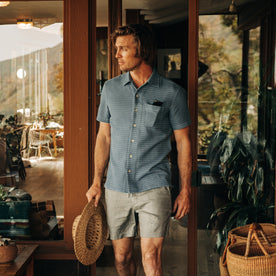 fit model wearing The Short Sleeve Hawthorne in Ocean Pickstitch Waffle, Wovens by Taylor Stitch