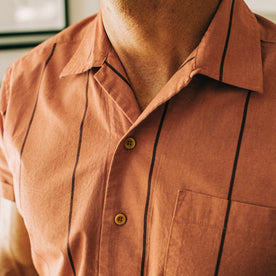 fit model wearing The Short Sleeve Hawthorne in Rust Stripe , Wovens by Taylor Stitch