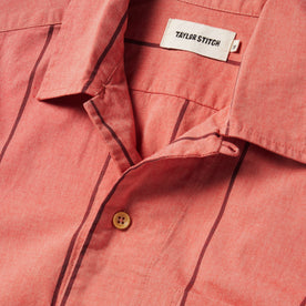 material shot of the camp collar on The Short Sleeve Hawthorne in Rust Stripe , Wovens by Taylor Stitch