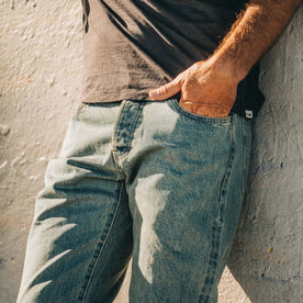 fit model posing in The Democratic Jean in 24-Month Japanese Selvage, Bottoms by Taylor Stitch