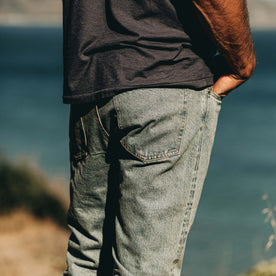 fit model showing back of The Democratic Jean in 24-Month Japanese Selvage, Bottoms by Taylor Stitch