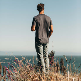 fit model showing the back of The Democratic Jean in 24-Month Japanese Selvage, Bottoms by Taylor Stitch