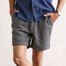 fit model in The Apres Short in Charcoal Waffle, Bottoms by Taylor Stitch