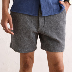 fit model showing the waffle texture on The Apres Short in Charcoal Waffle, Bottoms by Taylor Stitch