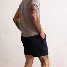 fit model showing the back of The Apres Short in Indigo Waffle, Bottoms by Taylor Stitch