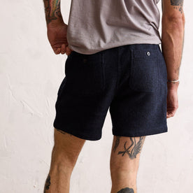 fit model showing the back of The Apres Short in Indigo Waffle, Bottoms by Taylor Stitch