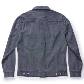 flatlay of The Long Haul Jacket in Washed Indigo Stripe, shown from back, Outerwear by Taylor Stitch