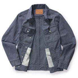 flatlay of The Long Haul Jacket in Washed Indigo Stripe, shown open, Outerwear by Taylor Stitch