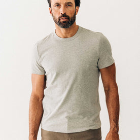 fit model wearing The Organic Cotton Tee in Heather Grey, Knits by Taylor Stitch