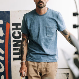 fit model in The Organic Cotton Tee in Dyed Indigo, Knits by Taylor Stitch