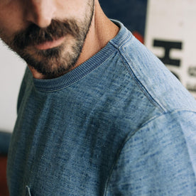 fit model showing the textural detail on The Organic Cotton Tee in Dyed Indigo, Knits by Taylor Stitch