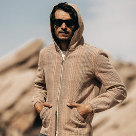 fit model with the hood up in The Riptide Jacket in Baja Stripe, Outerwear by Taylor Stitch