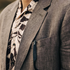 fit model showing the front chest pocket on The Sheffield Sport Coat in Cocoa Linen, Outerwear by Taylor Stitch