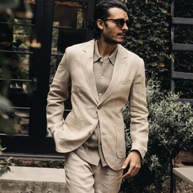 fit model wearing The Sheffield Sport Coat in Natural Linen, Outerwear by Taylor Stitch