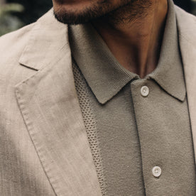 fit model showing the lapel on The Sheffield Sport Coat in Natural Linen, Outerwear by Taylor Stitch