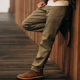 fit model wearing The Camp Pant in Stone Boss Duck, Bottoms by Taylor Stitch