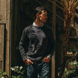 fit model wearing The Fillmore Crewneck in Coal Terry, hands in pockets, Knits by Taylor Stitch