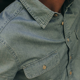 fit model wearing The Ledge Shirt in Sun Bleached Chambray, chest detail, Wovens by Taylor Stitch