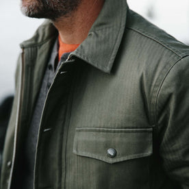 fit model showing close up of The Lined Watts Jacket in Olive, Outerwear by Taylor Stitch