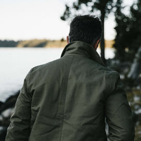 fit model from the back wearing The Lined Watts Jacket in Olive, Outerwear by Taylor Stitch