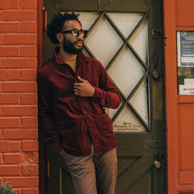 fit model wearing The Ojai Jacket in Burgundy Cord, looking right, Outerwear by Taylor Stitch