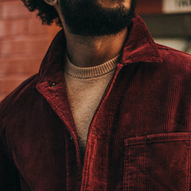 fit model wearing The Ojai Jacket in Burgundy Cord, chest shot, Outerwear by Taylor Stitch