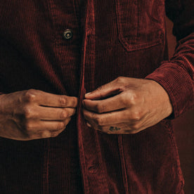 fit model wearing The Ojai Jacket in Burgundy Cord, buttoning jacket, Outerwear by Taylor Stitch