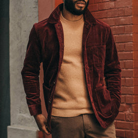 fit model wearing The Ojai Jacket in Burgundy Cord, hands in pockets, Outerwear by Taylor Stitch