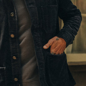 fit model wearing The Ojai Jacket in Midnight Cord, hand in pocket, Outerwear by Taylor Stitch