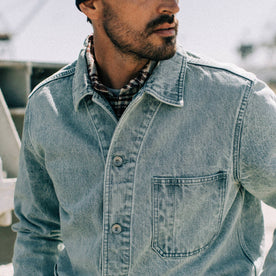 fit model wearing The Ojai Jacket in Washed Denim, cropped shot of chest, Outerwear by Taylor Stitch