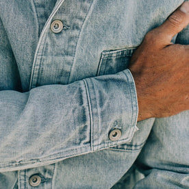 fit model wearing The Ojai Jacket in Washed Denim, sleeve shot, Outerwear by Taylor Stitch